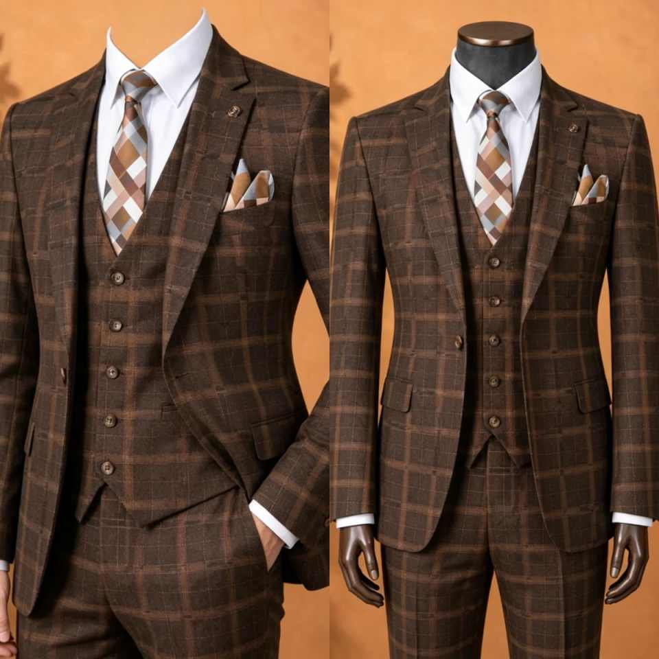 Men'S Formal Wear No Suit - Elegant Brown Plaid Men 3 Piece